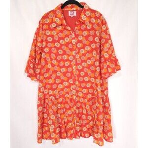 VICTORIA DUNN Shirt Dress Size XL Pawleys Folly Retro Floral Orange Flounce Mini